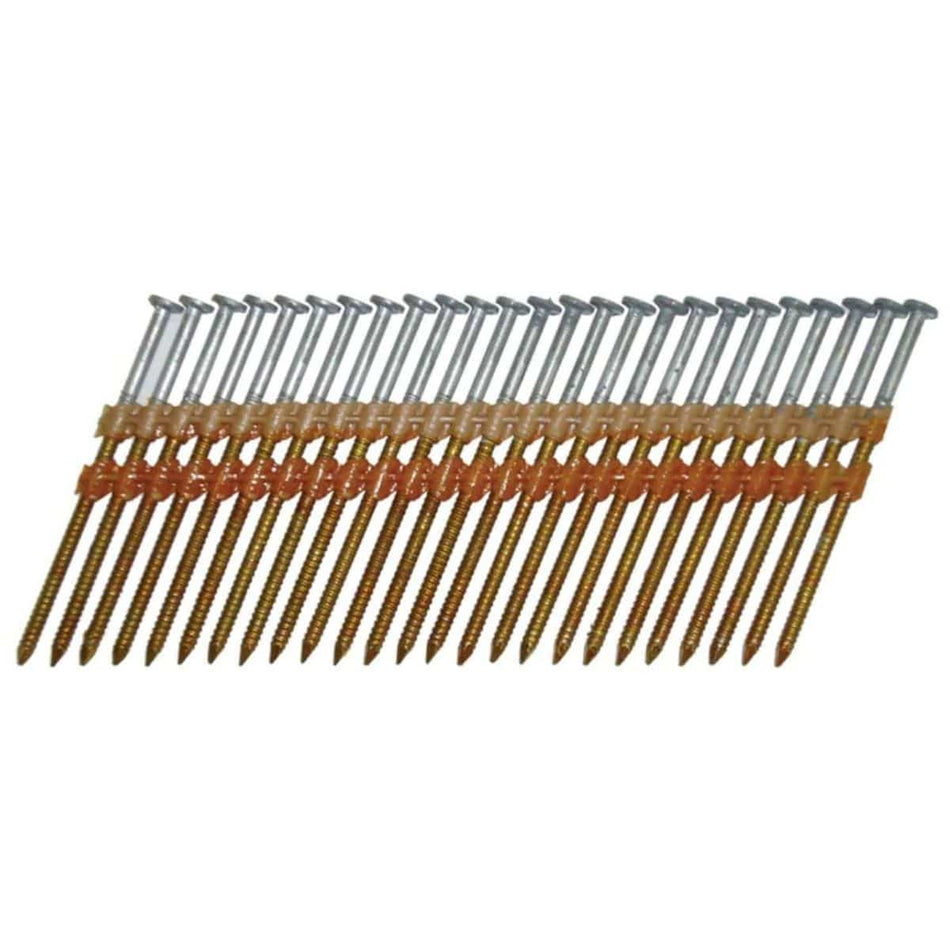A studio photograph of steel framing nails featuring ring shanks and a staggered 21-degree collation held together by two rows of orange plastic strips.