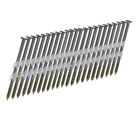 A studio photograph of a plastic-collated strip of 3-1/4 inch framing nails with ring shanks, featuring full round heads and a clear plastic collation strip.