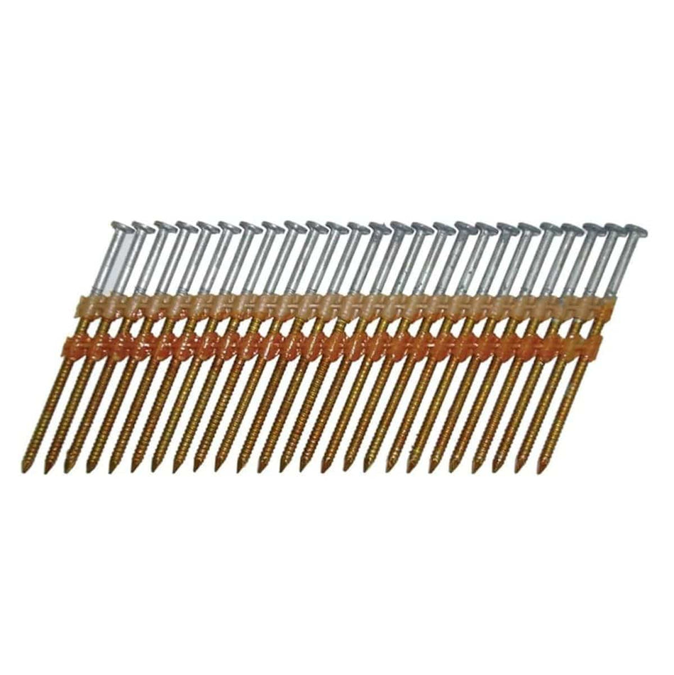 A studio photograph showing a full strip of hot-dipped galvanized framing nails featuring screw-like spiral shanks and a 21-degree orange plastic collation strip.