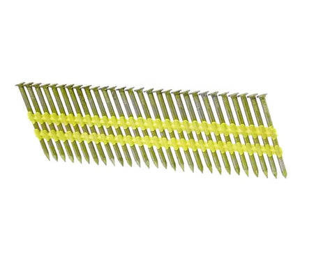 A studio photograph of a full strip of steel framing nails with smooth shanks, collated at a 21-degree angle by a yellow plastic strip for use in pneumatic nailers.