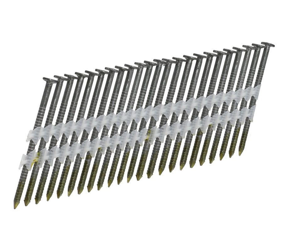 A studio photograph of a plastic-collated strip of 3-inch framing nails with ring shanks, featuring full round heads and a clear plastic collation strip for use in 21-degree pneumatic nailers.