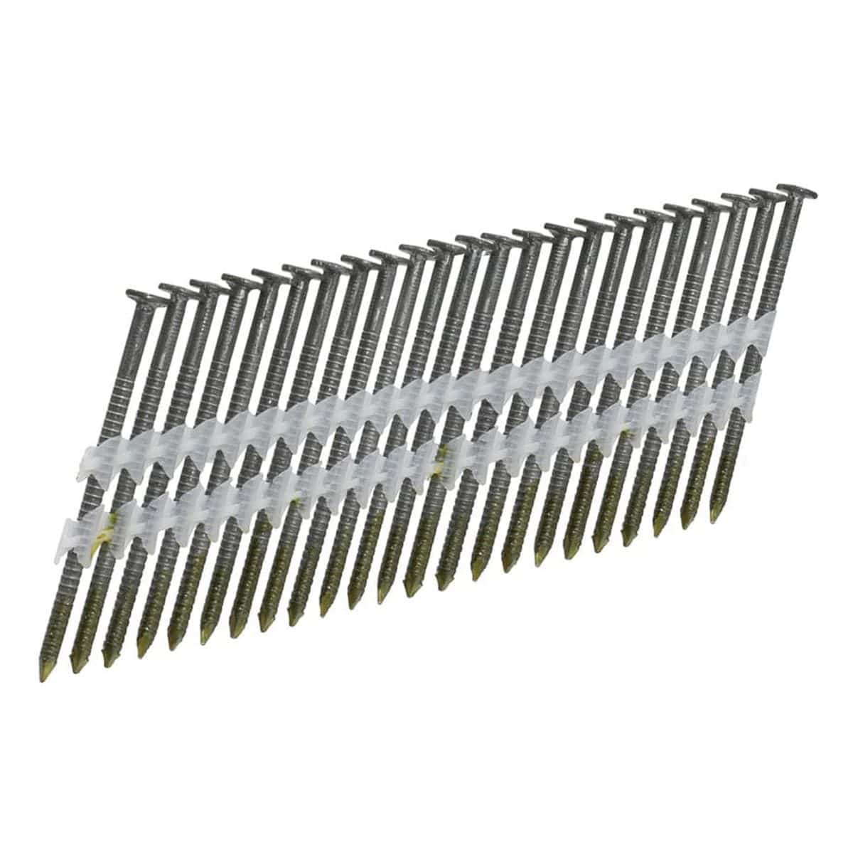 A studio photograph of a plastic-collated strip of 3-inch framing nails with ring shanks, featuring full round heads and a clear plastic collation strip for use in 21-degree pneumatic nailers.