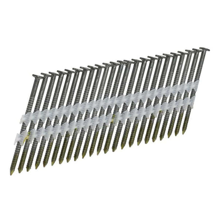 A studio photograph of a plastic-collated strip of 3-inch framing nails with ring shanks, featuring full round heads and a clear plastic collation strip for use in 21-degree pneumatic nailers.
