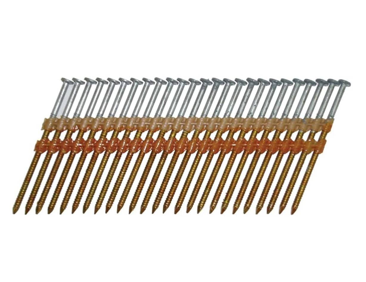 A studio photograph of hot-dipped galvanized framing nails with screw-like ring shanks, held in an orange plastic collation strip at a 21-degree angle.