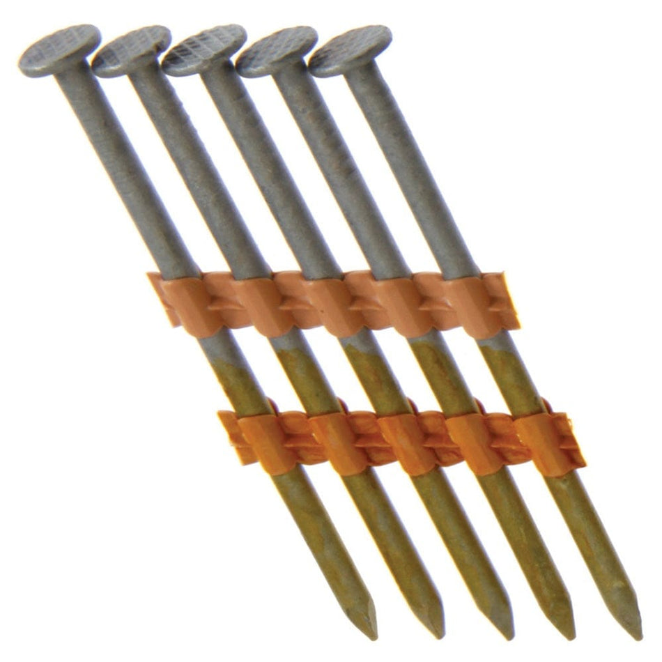 A studio photograph showing five steel framing nails with smooth shanks, held together in a staggered 21-degree collation by two rows of orange plastic strips.