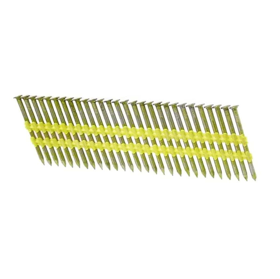 A studio photograph of a full strip of steel framing nails with smooth shanks, collated at a 21-degree angle by a yellow plastic strip for use in pneumatic nailers.