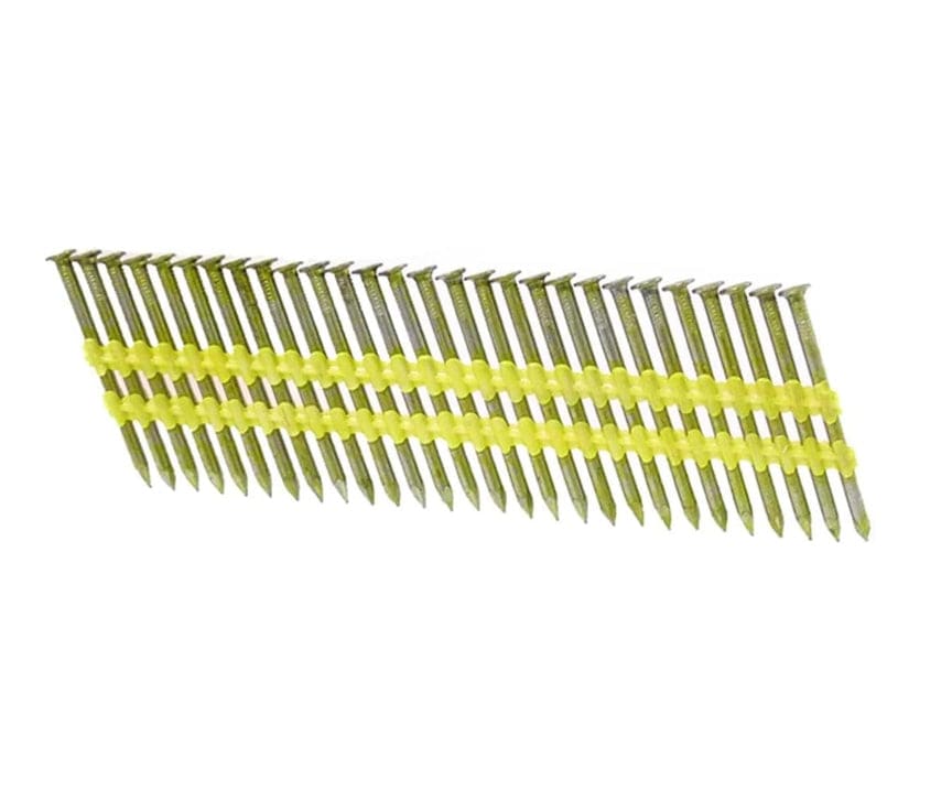 A studio photograph of a full strip of steel framing nails with smooth shanks, collated at a 21-degree angle by a yellow plastic strip for use in pneumatic nailers.