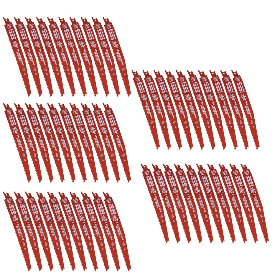 Top-down view of fifty red Diablo 9-inch bi-metal reciprocating saw blades arranged in five uniform groups of ten. Each blade features white printed branding and specifications. The blades are designed for cutting nail-embedded wood and feature a 4/6 TPI variable tooth pattern with Perma-Shield coating. The image emphasizes bulk quantity and consistent design, suitable for contractor use or inventory display.