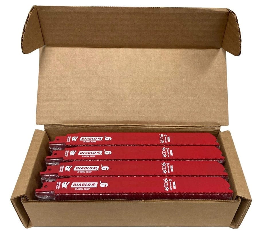 A bulk contractor case opened to show multiple packs of red Diablo 9-inch bi-metal reciprocating saw blades, neatly stacked inside.