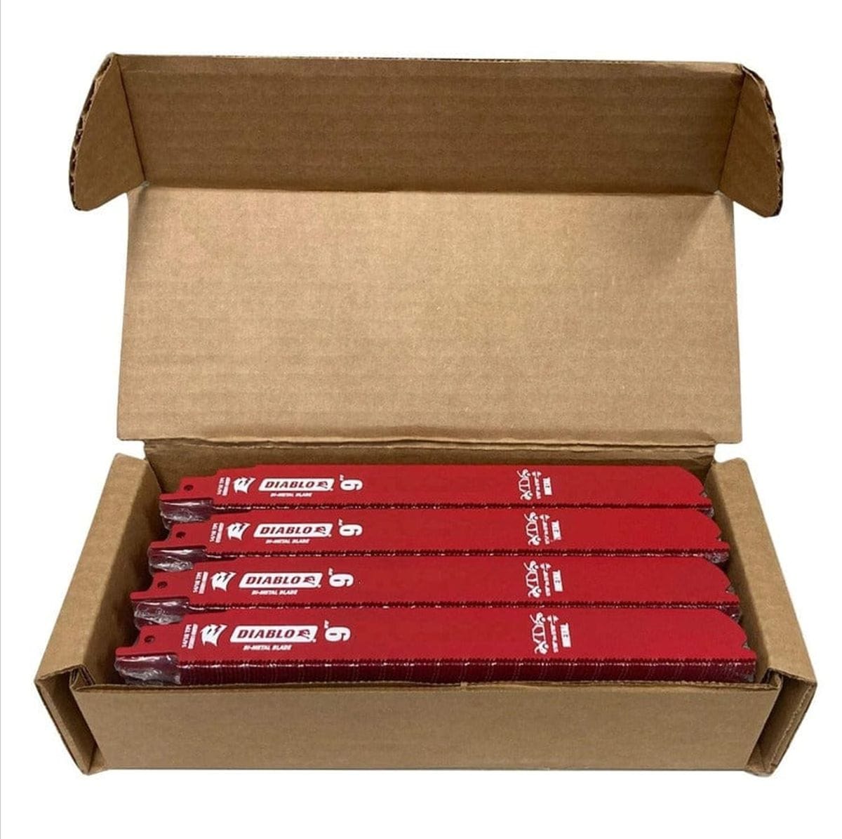 A bulk contractor case opened to show multiple packs of red Diablo 9-inch bi-metal reciprocating saw blades, neatly stacked inside.