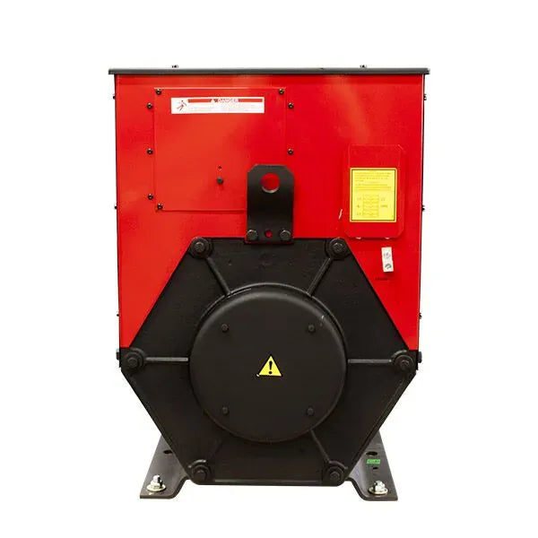 Red and black industrial machine with a yellow warning label on a white background