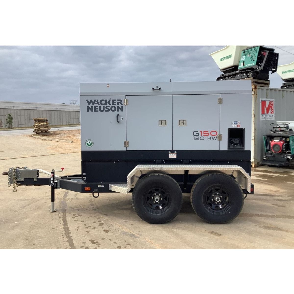 Full side profile of the Wacker Neuson G150 generator mounted on a dual-axle trailer with diamond plate fenders and clear model branding.