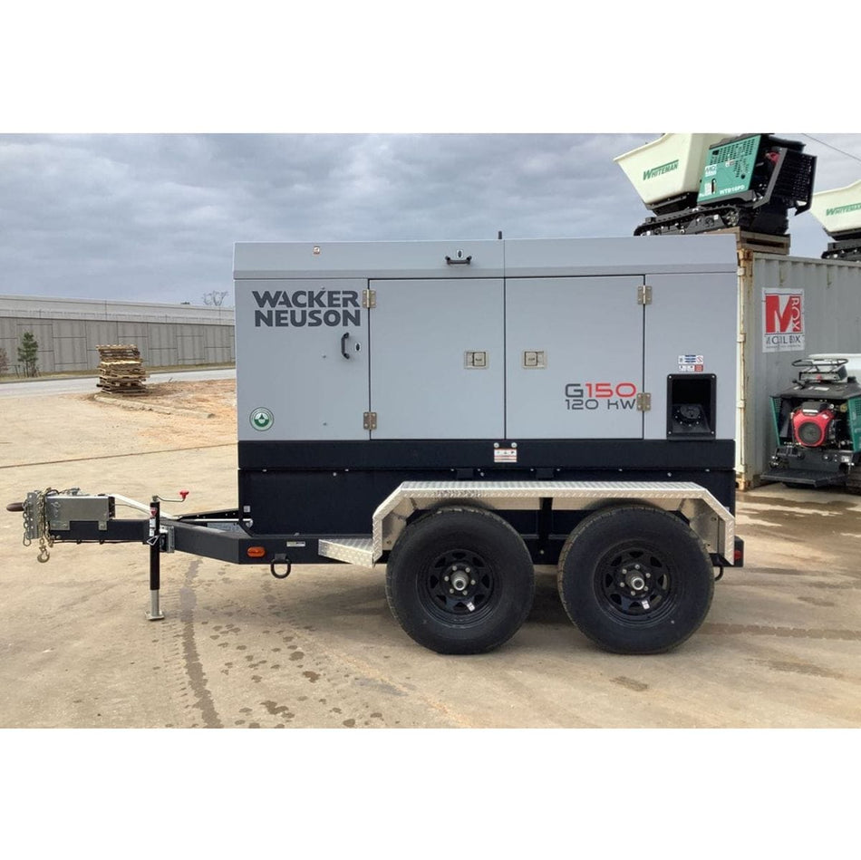 Full side profile of the Wacker Neuson G150 generator mounted on a dual-axle trailer with diamond plate fenders and clear model branding.