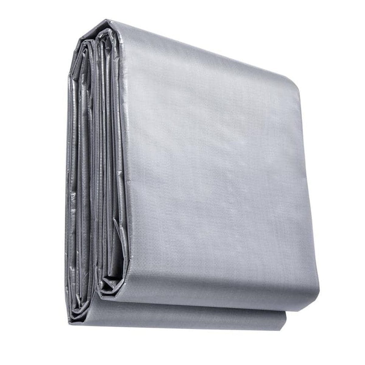 Folded silver reflective tarp on a white background