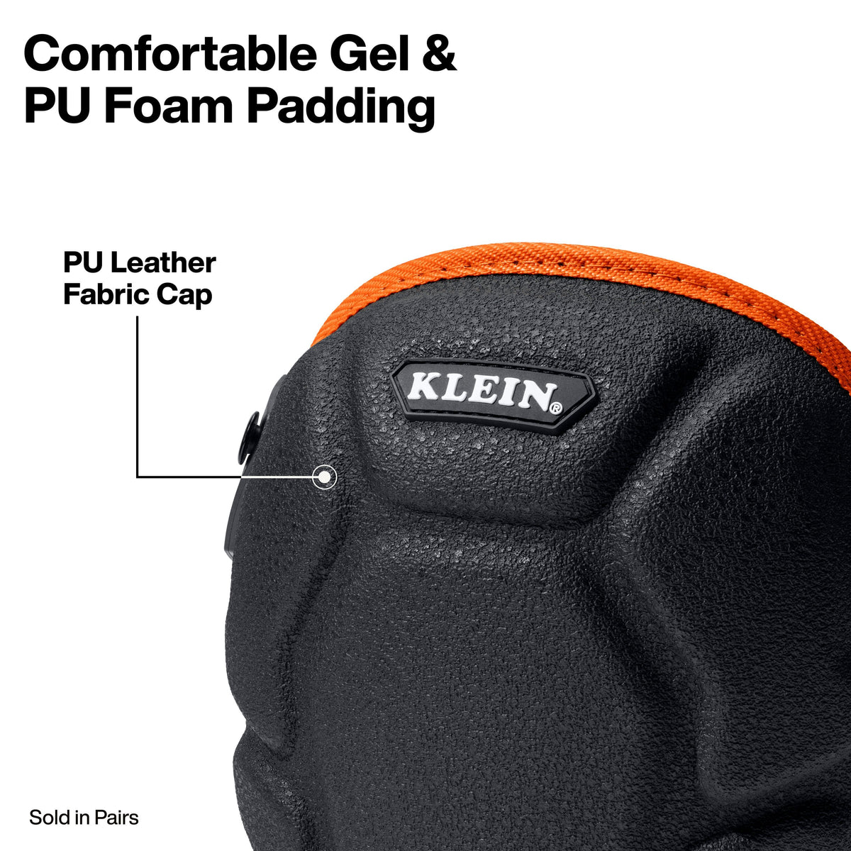 Close-up of a black glove with orange trim and a visible KLEIN logo patch, with text callouts reading 'Comfortable Gel & PU Foam Padding' and 'PU Leather Fabric Cap'.