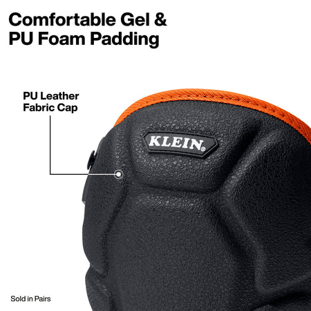 Close-up of a black glove with orange trim and a visible KLEIN logo patch, with text callouts reading 'Comfortable Gel & PU Foam Padding' and 'PU Leather Fabric Cap'.