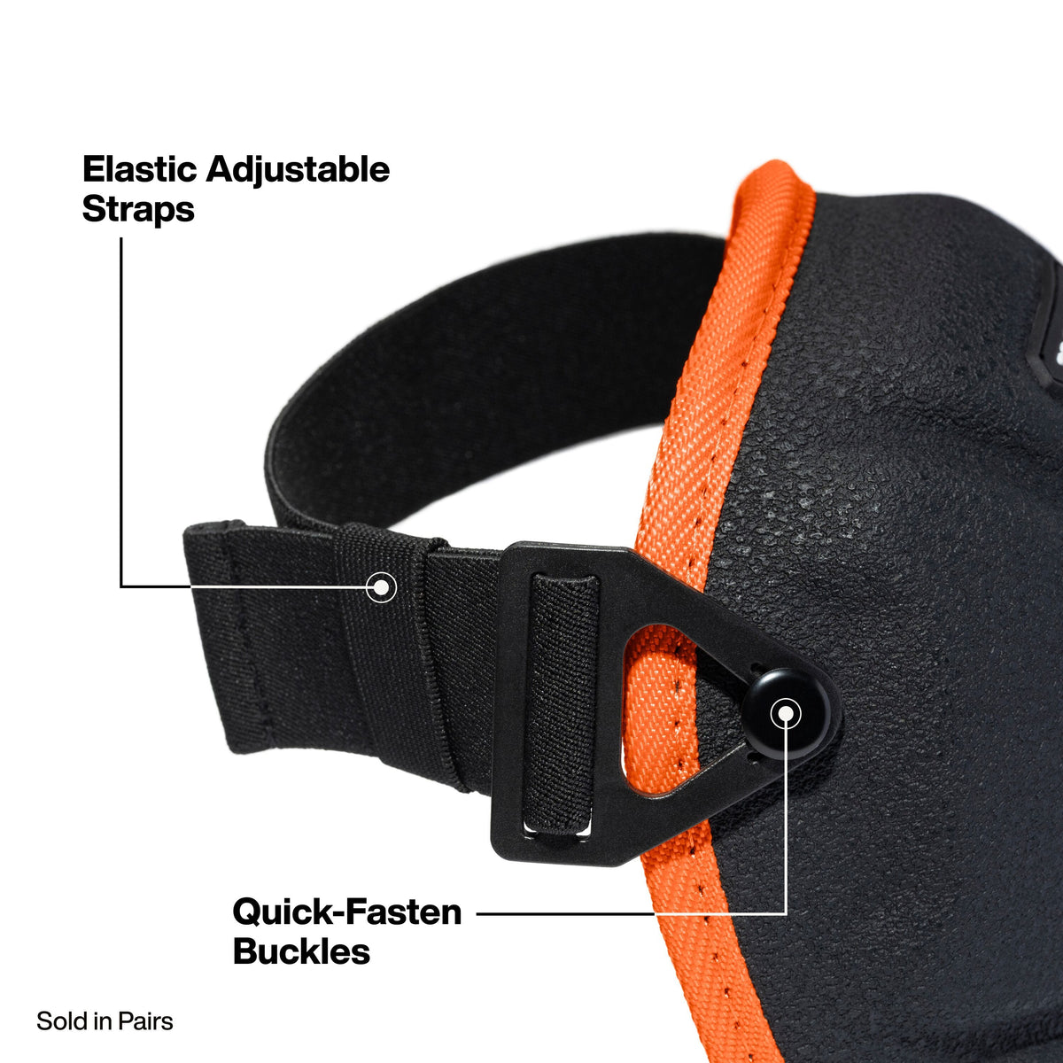 Close-up of a black adjustable strap accessory with orange trim, showing a quick-fasten buckle and labeled elastic adjustable straps on a white background.