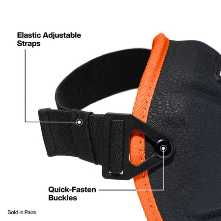 Close-up of a black adjustable strap accessory with orange trim, showing a quick-fasten buckle and labeled elastic adjustable straps on a white background.