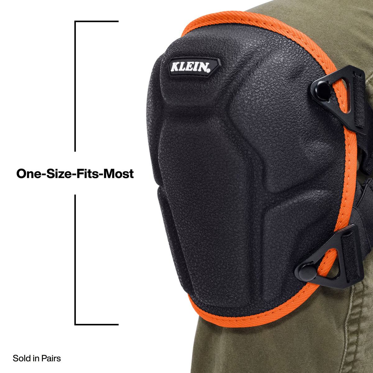 A close-up of a black Klein knee pad with bright orange trim, shown on a person's leg. The image includes text overlays indicating 'One-Size-Fits-Most' and 'Sold in Pairs'.