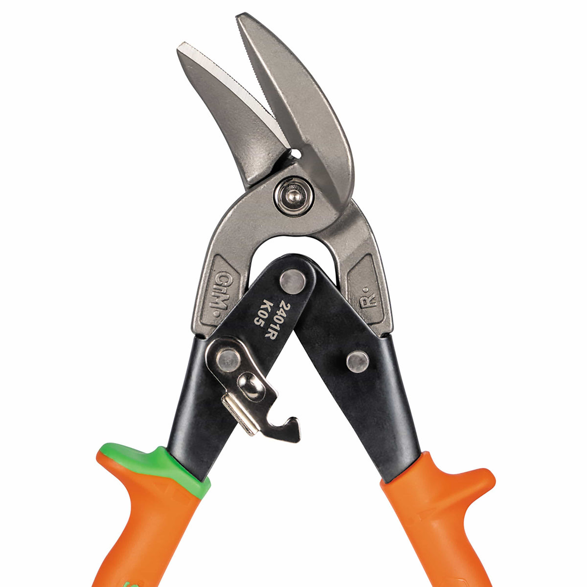 Tin shears with orange and green handles, silver metal blades, and black pivot components, shown on a plain white background.