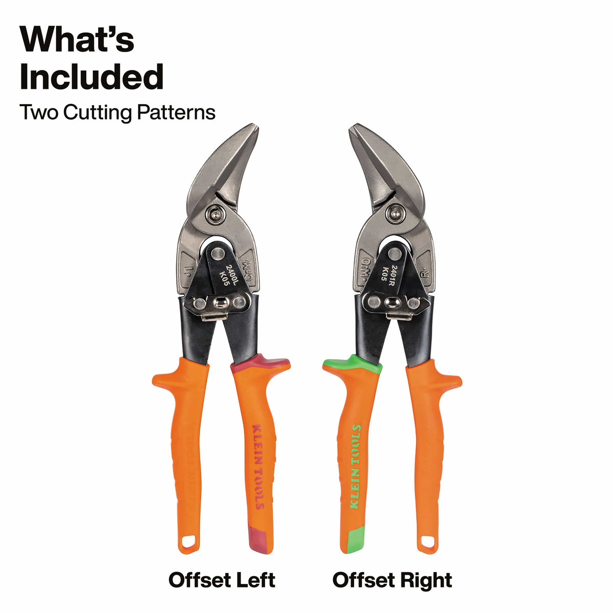 Two pairs of pruning shears shown on a white background, labeled Offset Left and Offset Right, with text reading 'What's Included' and 'Two Cutting Patterns.' The shears have silver metal blades and orange handles, with one pair featuring a pink accent and the other a green accent.