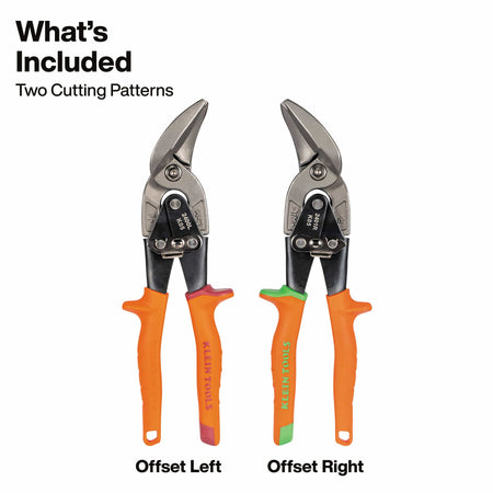 Two pairs of pruning shears shown on a white background, labeled Offset Left and Offset Right, with text reading 'What's Included' and 'Two Cutting Patterns.' The shears have silver metal blades and orange handles, with one pair featuring a pink accent and the other a green accent.