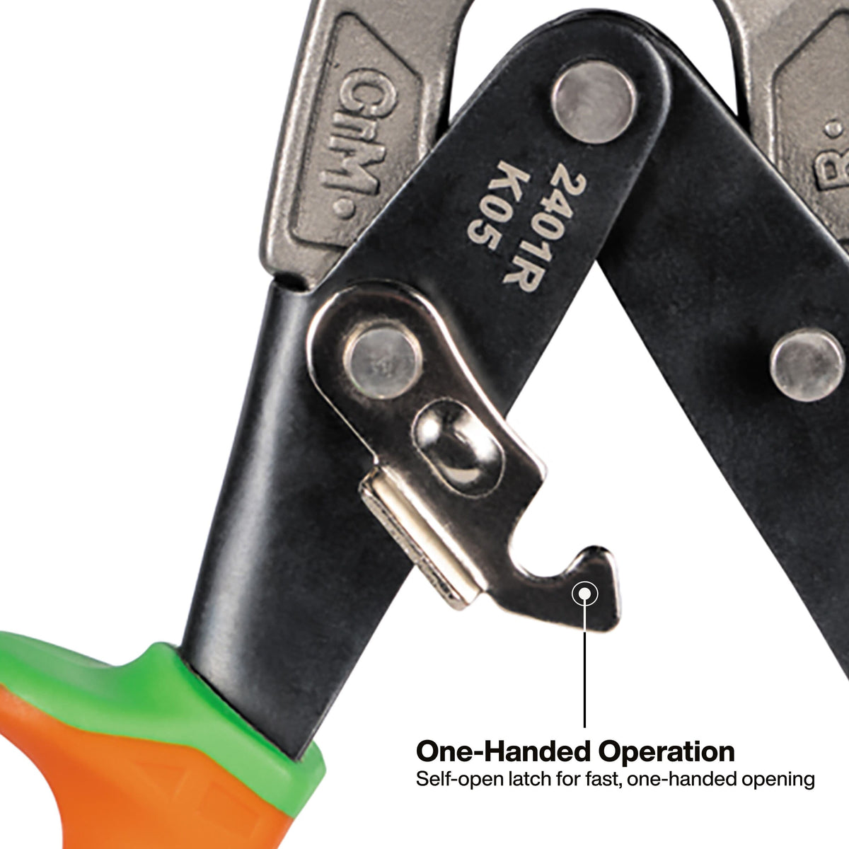 Close-up of a metal tool with black and silver metal arms, a green and orange handle grip, and printed text reading 'One-Handed Operation' with a callout to the latch mechanism.