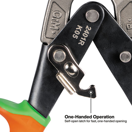 Close-up of a metal tool with black and silver metal arms, a green and orange handle grip, and printed text reading 'One-Handed Operation' with a callout to the latch mechanism.