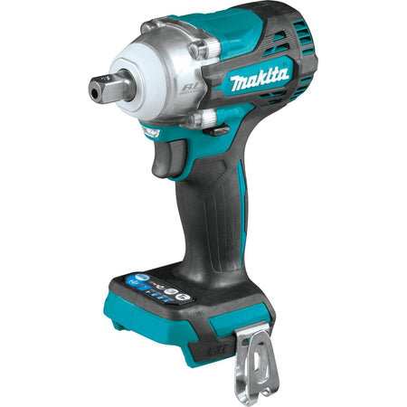 A Makita cordless brushless impact wrench (XWT15Z) with a teal and black body, silver metal gear housing, square drive anvil, and textured rubber grip. Features a variable-speed trigger, LED work light, control panel, and metal belt clip. Shown without a battery against a white background.
