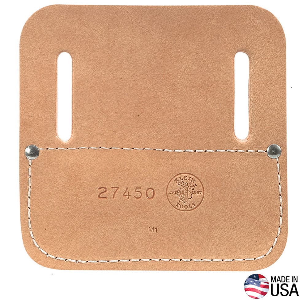 The image shows a square-shaped, light brown leather pad with two vertical rectangular cutouts at the top. The pad has rounded corners and a stitched border along the bottom edge, with two metal rivets securing the stitching. A circular logo with the words "Klein Tools" is stamped in the center, and the numbers "27450" are printed to the left of the logo.