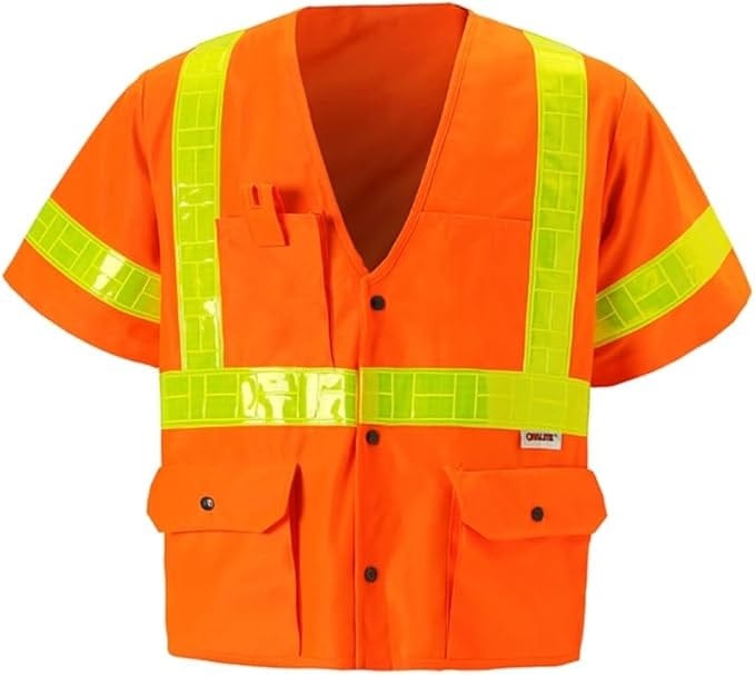 Front view of a 2W International high visibility Class 3 safety vest in orange polyester featuring a snap closure and premium Oralite prismatic reflective tape.