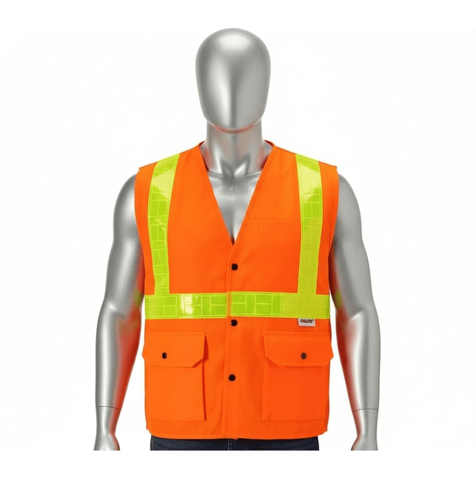 A high-visibility orange Class 3 safety vest with lime-yellow Oralite prismatic reflective trim shown on a silver male mannequin to demonstrate a professional fit.