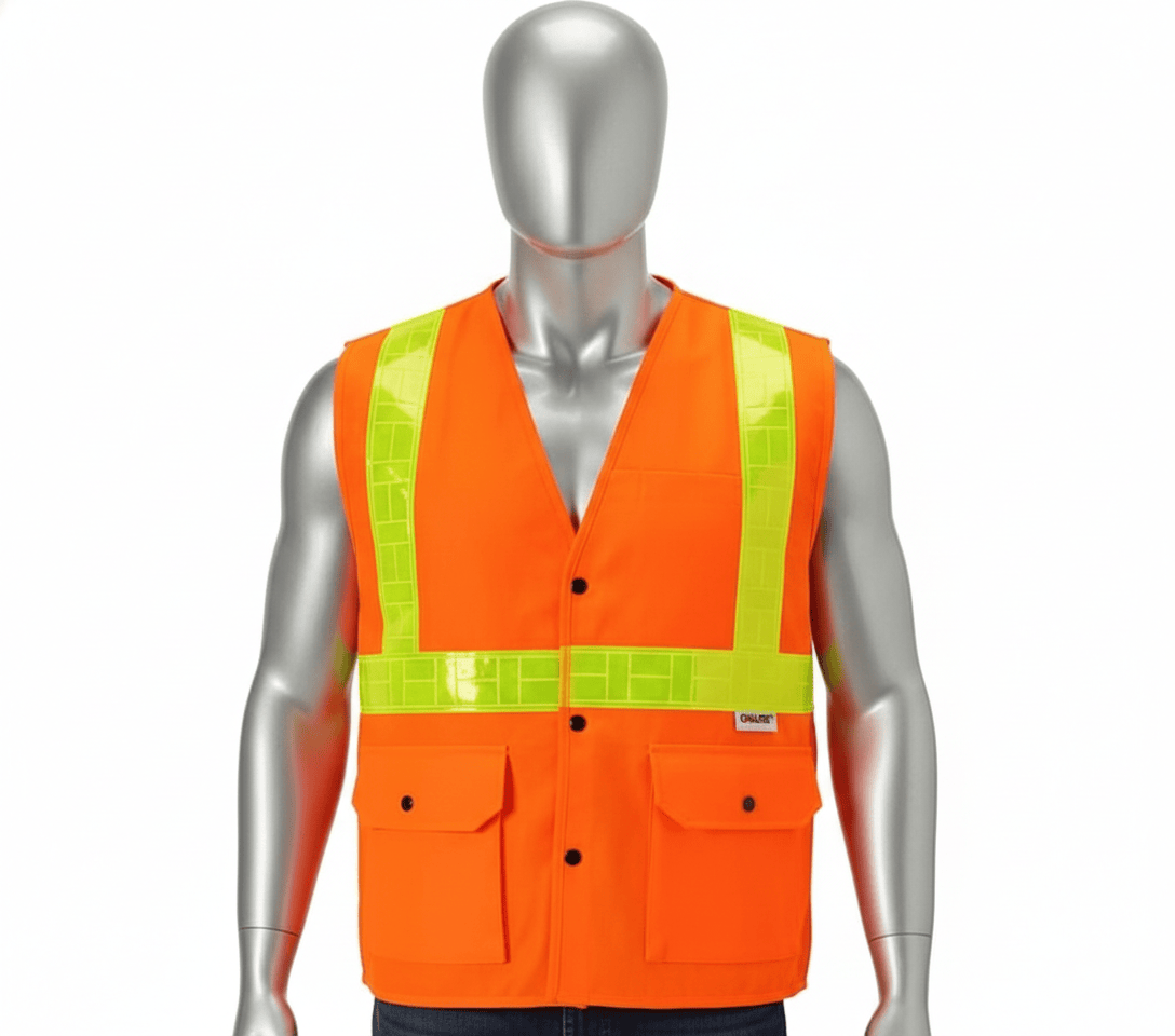 A high-visibility orange Class 3 safety vest with lime-yellow Oralite prismatic reflective trim shown on a silver male mannequin to demonstrate a professional fit.