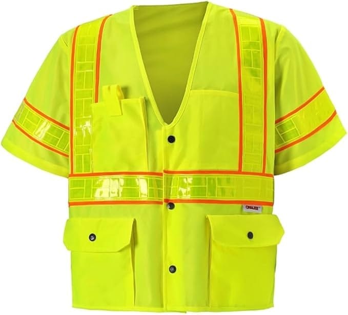 Front view of a 2W International high visibility Class 3 safety vest in lime yellow polyester featuring a snap closure and premium Oralite prismatic reflective tape.