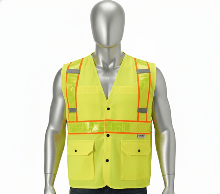 A high-visibility lime yellow Class 3 safety vest with Oralite prismatic reflective trim shown on a silver male mannequin to demonstrate professional fit and jobsite visibility.