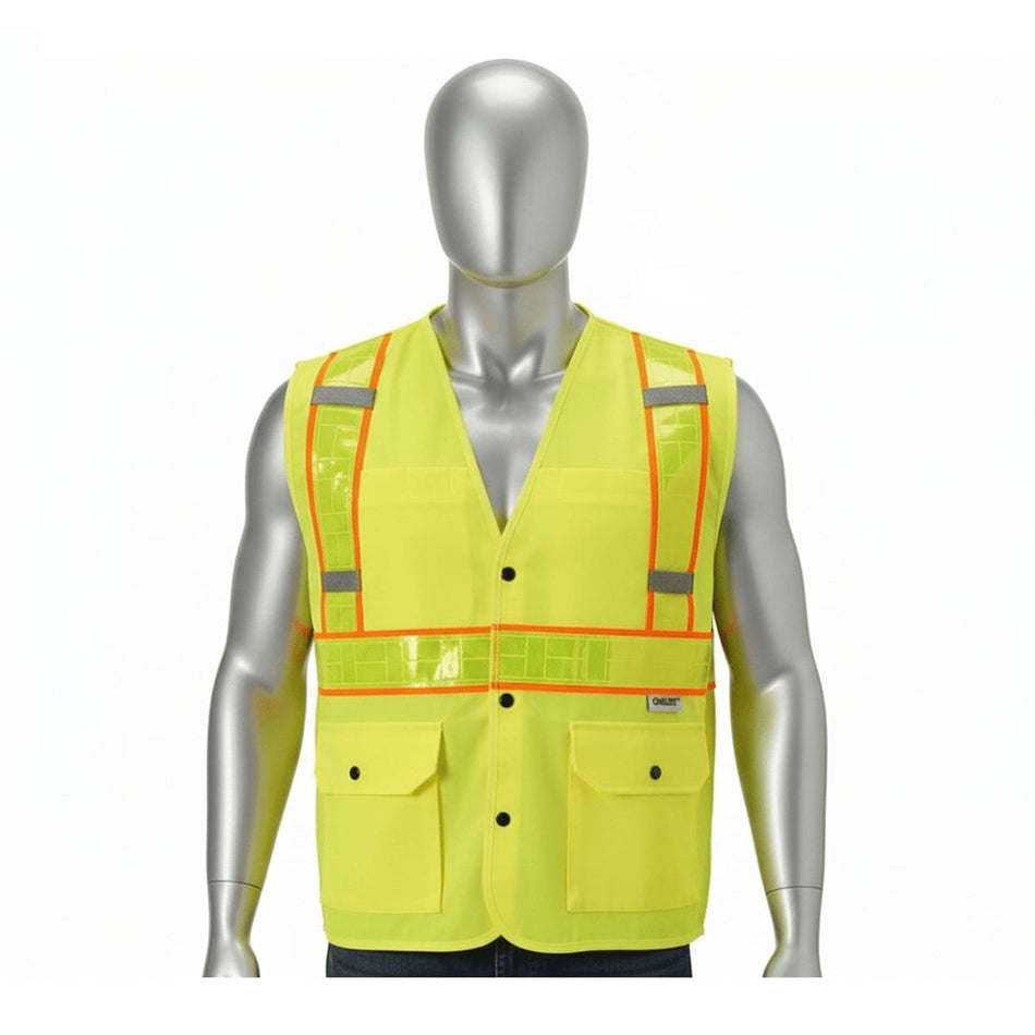 A high-visibility lime yellow Class 3 safety vest with Oralite prismatic reflective trim shown on a silver male mannequin to demonstrate professional fit and jobsite visibility.
