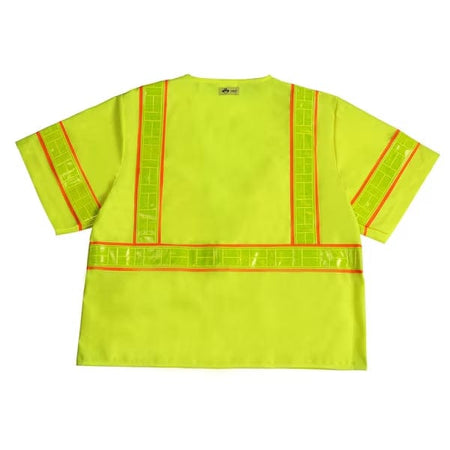 Rear view of the 2W International S8148C-3 safety vest showing the full Class 3 coverage with vertical and horizontal prismatic reflective stripes for maximum visibility.