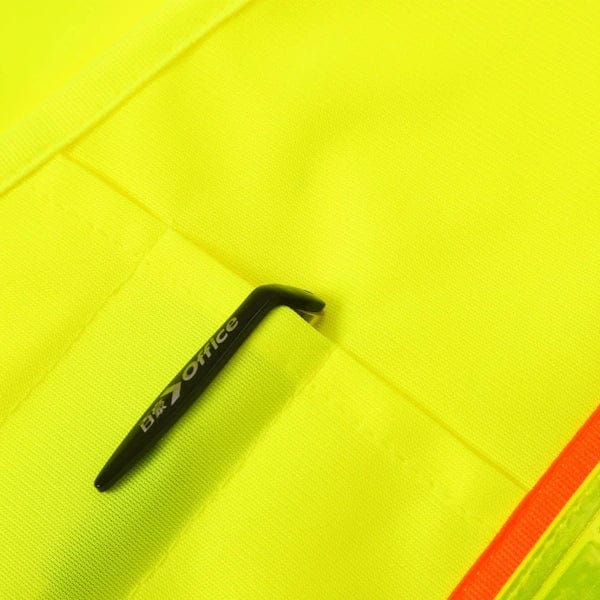 Close-up detail of the high-visibility lime vest showcasing a dedicated chest pen and tool pocket with a black pen clipped for accessibility.