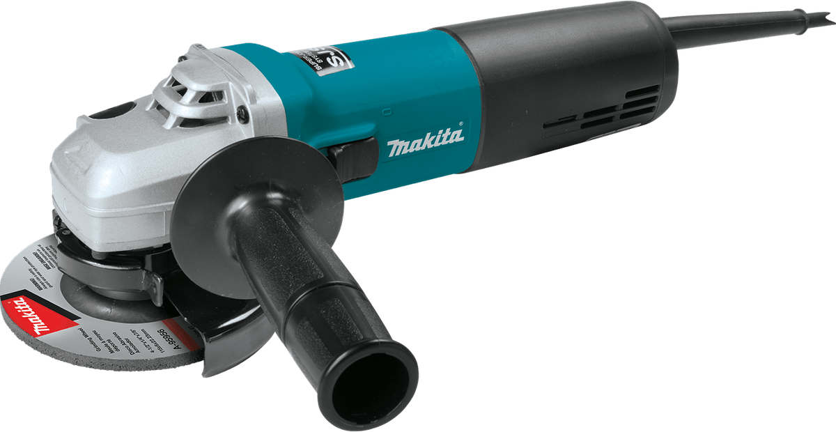 Makita angle grinder with a black and silver metal cutting wheel attachment, shown on a solid white background.