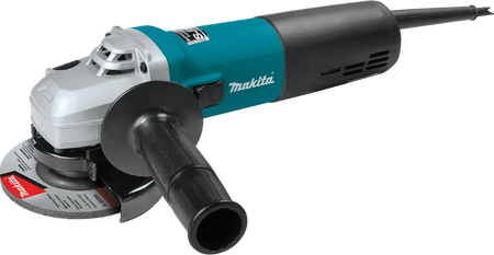 Makita angle grinder with a black and silver metal cutting wheel attachment, shown on a solid white background.