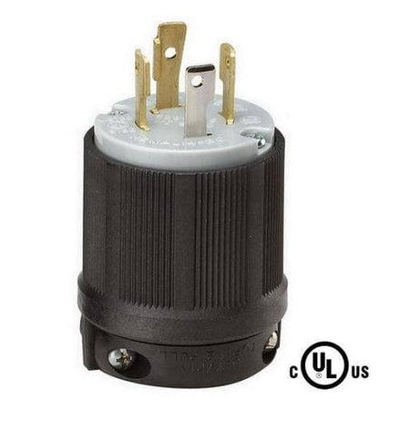 Side profile view of the industrial grade NEMA L14-30P locking plug, showing the ribbed black thermoplastic housing, assembly screws, and the four connection prongs.