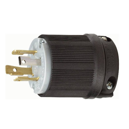 Angled studio shot of the black and gray NEMA L14-30P locking plug, highlighting the three brass blades, the grounding pin, and the UL listed certification mark.