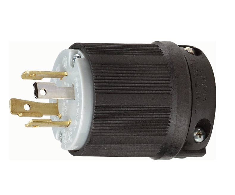 Angled studio shot of the black and gray NEMA L14-30P locking plug, highlighting the three brass blades, the grounding pin, and the UL listed certification mark.