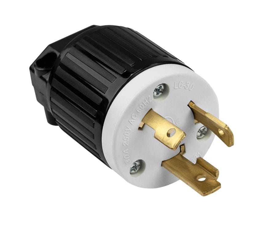 Angled studio shot of the black and white NEMA L6-30P industrial grade locking plug, showing the three brass prongs and durable nylon housing.