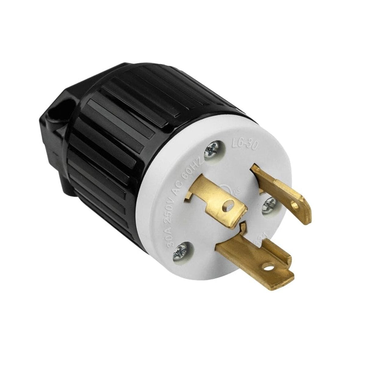 Angled studio shot of the black and white NEMA L6-30P industrial grade locking plug, showing the three brass prongs and durable nylon housing.
