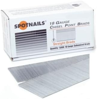 The image shows a white cardboard box labeled "SPOTNAILS 18 GAUGE CHISEL POINT BRADS" with an illustration of the brads on the front. Below the box, two flat, rectangular strips of silver-colored brads are fanned out, showcasing their metallic appearance.