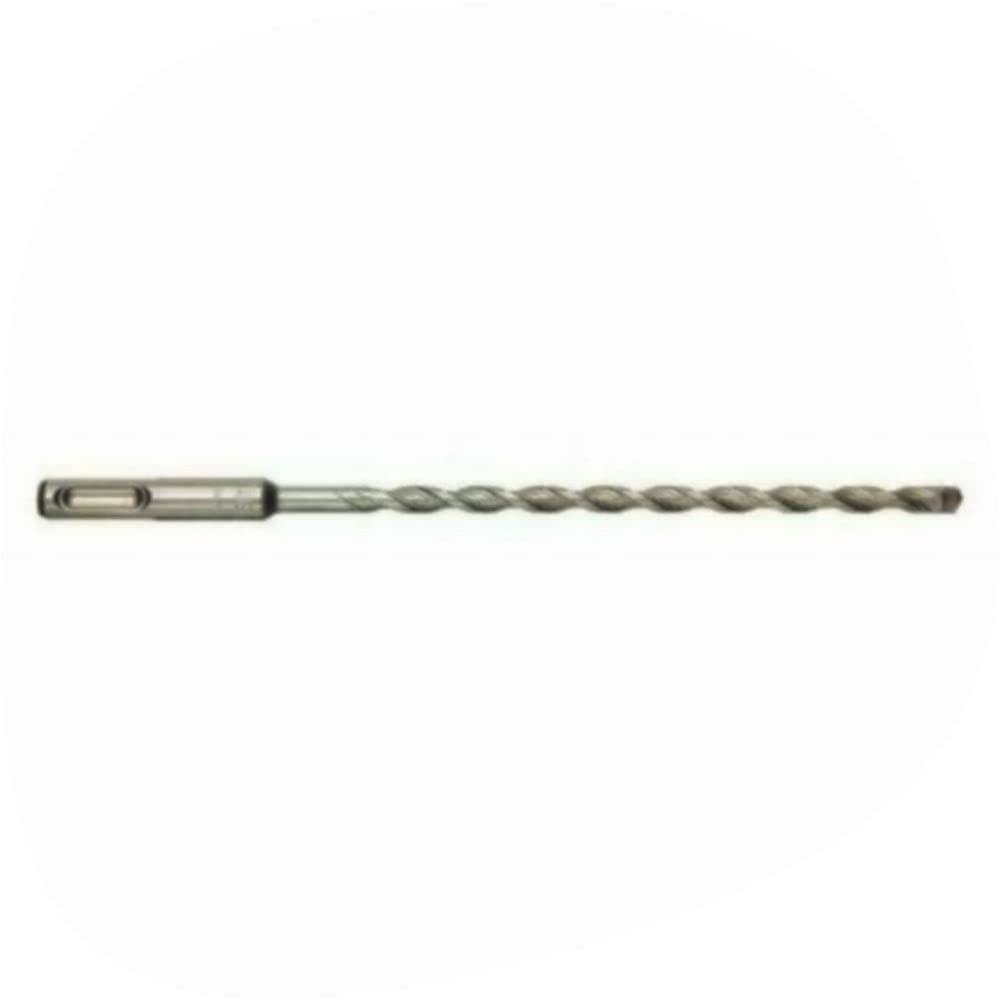 
This is a horizontal image of a silver-colored hammer drill bit, designed for masonry, positioned against a white background. The drill bit has a prominent and continuous spiral flute running along its body and a distinctive SDS-plus shank on the left end for secure gripping in a rotary hammer.