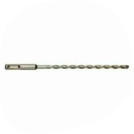 
This is a horizontal image of a silver-colored hammer drill bit, designed for masonry, positioned against a white background. The drill bit has a prominent and continuous spiral flute running along its body and a distinctive SDS-plus shank on the left end for secure gripping in a rotary hammer.