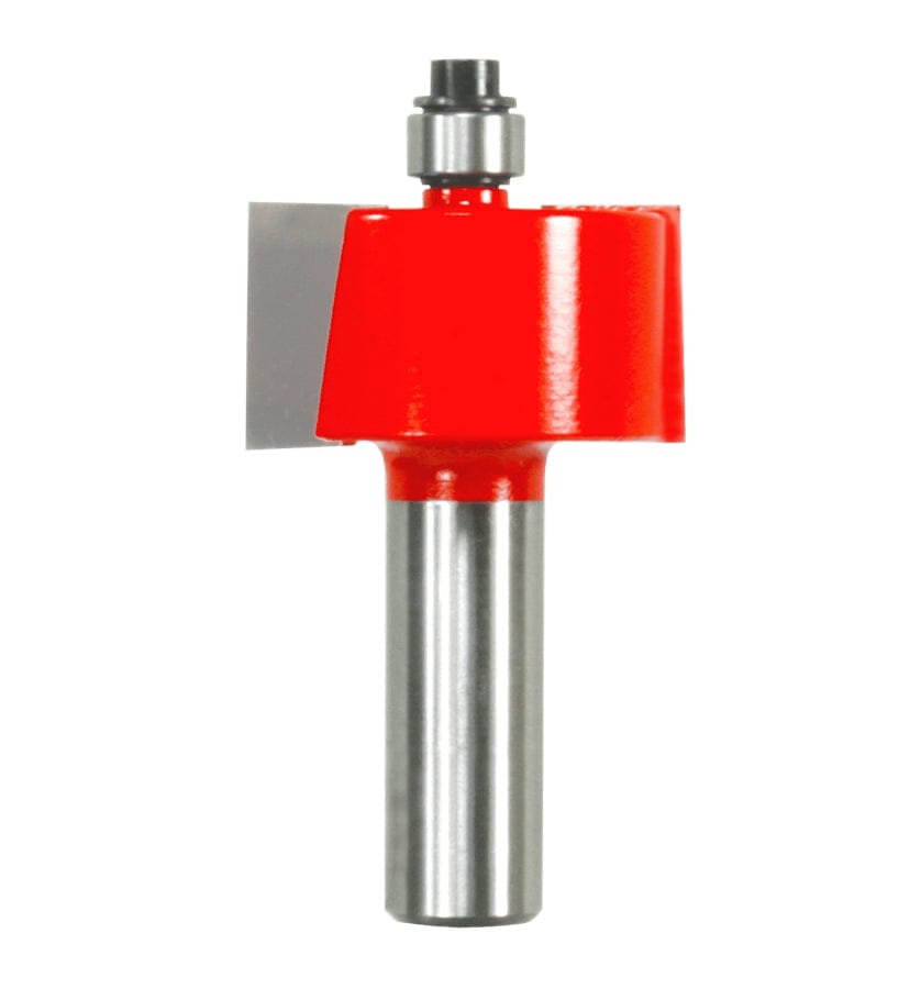 A studio product photograph of the Freud 32-110 Rabbeting router bit featuring a red Perma-SHIELD body, two carbide cutting flutes, and a silver ball bearing pilot on a 1/2 inch shank.