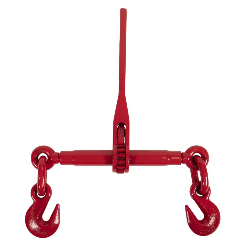 A professional-grade 3/8 inch red ratchet load binder featuring a durable powder-coated finish and forged steel clevis grab hooks for securing industrial transport chains.